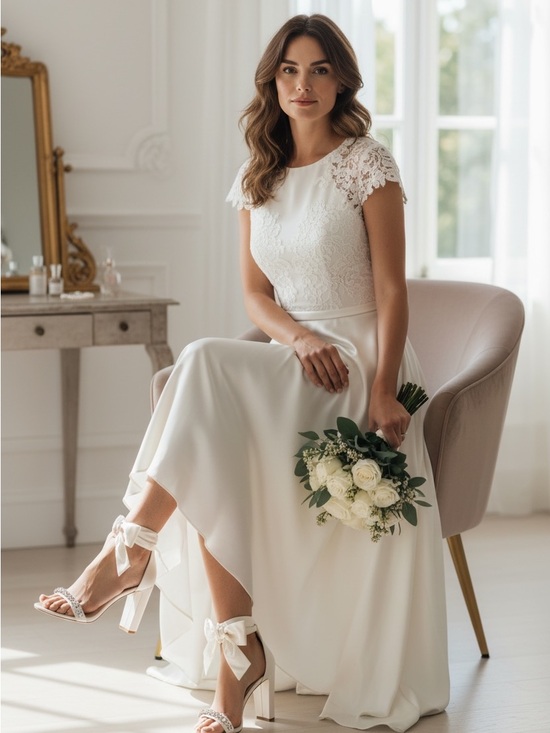 Oleg Cassini Shoes - Oleg Cassini Ivory Satin Bow Ankle-Strap Block Heels